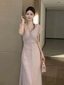 Elegant V-neck Slimming Korean Style Summer Dress Simple Fashionable Ladylike High Waist Dress Pure Color Short Sleeve Long Dress