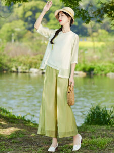 New Chinese Style Loose Wide Leg Pants Two Piece Set Women Summer Fashion Elegant Slimming Top Bottoms Ensemble