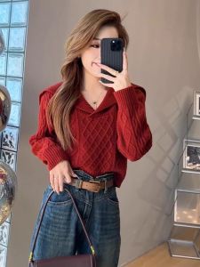 Retro Knitted Sweater Women Spring Autumn High Waist Short plus Size Soft Long Sleeve Thick Yarn Knitted Top Polo Collar Pure Color Commute Style