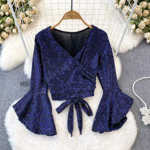 Fashionable Short Shiny Sequin T-Shirt Womens Slim Fit Long Sleeve V-Neck Bell Bottom Knot Tie Top Korean Style Commute