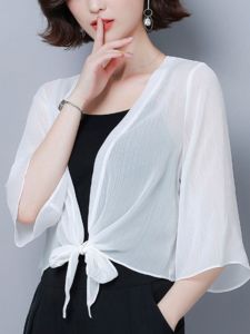 White Short-Sleeve Chiffon Jacket with V-neck Bow Details for Women Straight Tube Style Polyester Material Summer Wear