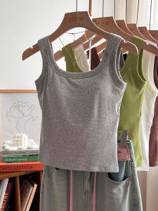 เสื้อกั๊กสายเดี่ยวสีขาวสำหรับผู้หญิงในช่วงฤดูร้อน ทรงเข้ารูป 2025 ใหม่ แขนสั้น ใส่ด้านนอก พร้อมแผ่นเสริมหน้าอก สีดำ