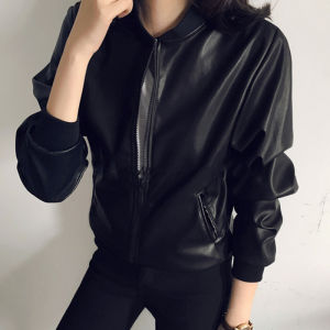 Black Biker Jacket Short Stand Collar Zipper Fashionable Simple Womens Leather Coat Stylish Mechanical Style Slim Fit Long Sleeve