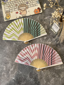 Quạt Giấy Họa Tiết Hình Học Sáng Tạo Cỡ Nhỏ Di Động Lý Tưởng Quạt Giấy Cotton Lanh Màu Xanh Klein Quạt Giấy Thủ Công Bằng Tre