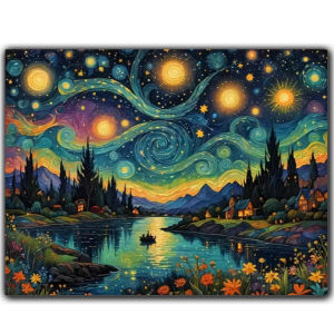 Jigsaw Puzzle 500/1000/1200/2000PCS Van Gogh Starry Night Lake and Village Landscape Artwork Puzzle Wall Art Decor Gift
