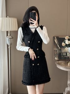Slimming Vest Dress Set Autumn Winter Fashion Waist Cinched Short A-Line Skirt V-Neck Button Detail Regular Sleeve No Sleeve