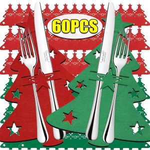 Dizoey 60/2PCS Felt Christmas Cutlery Holders Xmas Tree Tableware Pocket Bag Fork Spoon Cover Xmas New Year Party Table Dinner Decoration
