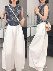 Shalldoer | Chic Summer Casual Outfit Two-Piece Set Womens Sleeveless Vest High Waist Loose Pants Round Neck Floral Print Wooden Edge Trim