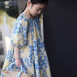 Summer Princess Style Sweet Flower Pattern Dress with Puff Sleeves