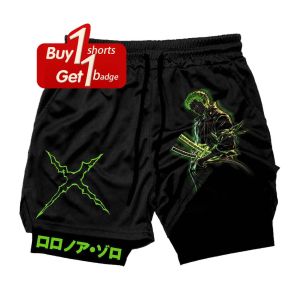 Mens Shorts One Piece Anime Print Double-layer 2-1 Compression Pants with Pocket Summer Gym Clothes Quick Dry Beach Pants Y2k