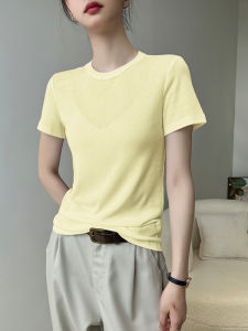 เสื้อยืดคอกลมแขนสั้นทรงสลิมฟิตสำหรับผู้หญิง สีเหลือง ทรงเข้ารูป ฤดูร้อน 2025 เสื้อเชิ้ตชั้นในแบบบาง เสื้อเชิ้ตแขนสั้น