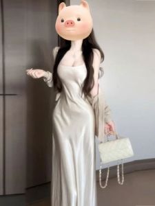 French Elegant Knitted Acetate Satin Dress Two-Piece Set Winter Warm Long Sleeve V-Neck Midi Skirt And Open Cardigan