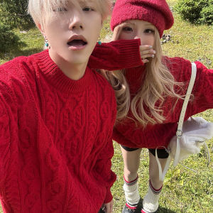 Red Knitted Sweater Couple Matching Lazy Style Mens Christmas Theme Polyester Fiber Long Sleeve Overhead Casual Wear