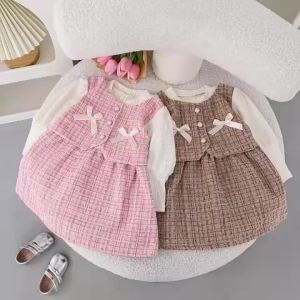 Spring Autumn New Baby Girl Fashion Dress Korean Version Long Sleeve Patchwork Fake Two-Piece Outfit Infant Toddler Sweet Dress