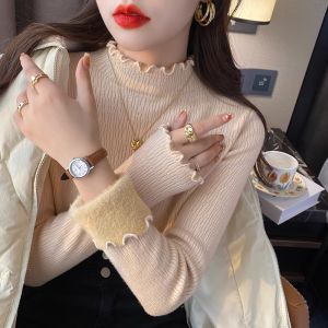 Autumn and Winter Velvet Padded Sweater Womens Thickened Wooden Ear Inner Half-High Collar Pullover Western Style Knitted Bottoming Shirt Warm Top