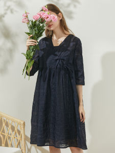 Miccbeirn | New Chinese Style Loose Heavy Embroidery Mulberry Silk Dress Women Summer Five Sleeve Loose Fit Mid Length Skirt V Neck H Type