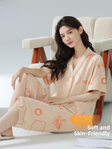 MiiOW | Pure Cotton Cat Person Sleepwear Womens Open Cardigan Short Sleeve Loose Casual Home Clothes Set Can Be Worn Outside Summer