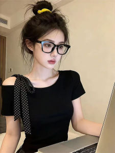 Korean Unique Design Off-shoulder Polka Dot T-Shirt