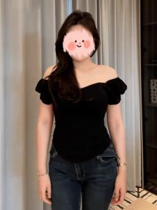 Slim Fit Short Sleeve One Shoulder Bubble Sleeve T-Shirt Womens French Style Hot Girl Summer Design Korean Version Commute Style