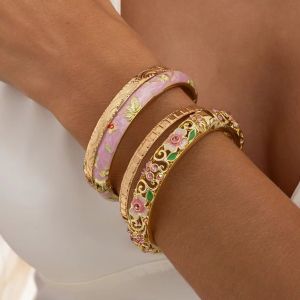 Ingemark 4Pcs/Set Trendy Enamel Dropped Glaze Flower Texture Bracelet Women Exquisite Glass Rhinestone Gold Color Bangle Jewelry