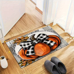 VIKAMA Semicircular Welcome Doormat Sunflower Blue Pumpkin Wooden Print Anti‑Slip Rug for Entryway Porch Home Front Door Decor