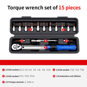 15pcs 1/4" Bicycle Torque Wrench Allen-Key Tool Socket Wrench Kit Bicycle Tools Bicycle Repair Kit Torque Wrench Kit 2-24Nm Bicycle Torque Wrench Set