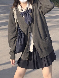 Ji Story Pure Color Single-Breasted Long Sleeve V Neck Daily Preppy Style JK Matching Japanese Style Atmosphere Cardigan Sweater