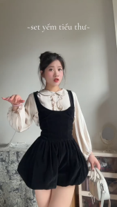 CR_ Set phong cách Hàn Quốc đồ tiểu thư dễ thương set mặc lễ Noel Tết yếm bí Nhung 2 lớp cột nơ lưng phối áo tay bồng cổ bèo