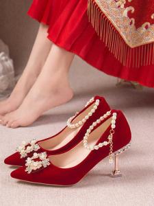 Elegant Red Wedding Shoes Comfortable High Heels for Bridal Gown Chinese Style Show Heel Footwear for Wedding Banquet