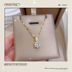 Dây Chuyền Thép Titan Thời Trang Nữ Kiểu Đơn Giản Dây Đeo Xương Quai Xanh Phụ Kiện Trang Sức Hợp Xu Hướng Với Mặt Dây Chuyền Đá Pha Lê Tròn