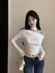 GUZILIAN | American Style Long Sleeve T-Shirt Womens Slim Fit Collar Short Top Pure Color Commute Style Autumn Fashion Shoulder Bared