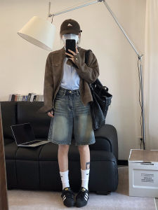 กางเกงขาสั้นผ้ายีนส์ย้อนยุคสีน้ำเงินสำหรับผู้หญิงในช่วงฤดูร้อน กางเกงขาสั้นทรงเข้ารูปเอวสูง ทรงหลวม กางเกงขายาวทรงตรง กางเกงขายาวทรงตรง