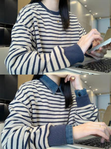 American Style Oversize Striped round Neck Sweatshirt Womens Spring Autumn New Popular Loose Unique Super Beautiful Top