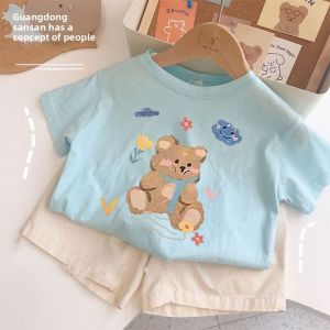 Cotton Short Sleeve T-shirt Cartoon Bear Print Fashionable Casual