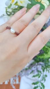 Ready Stock SG - Garnet Freshwater Baroque Pearl Crystal Beaded Elastic Ring Handmade Crystal Ring