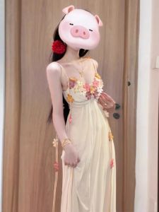 Beach Vacation Beautiful Unique Soft Elegant Summer V-neck Strapless Dress A-line Skirt Sweet Style High Waist Regular Sleeve