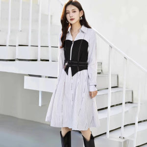 ชุดเดรสยาวลายทางคอตตอนแท้ H Series ลดราคา ฤดูใบไม้ร่วง 2025 กระโปรงทรงเอเอวสูงสำหรับผู้หญิง สไตล์สตรีทแฟชั่น