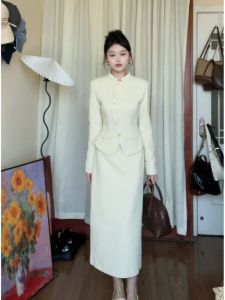Elegant Woolen Suit Set for Women Autumn Winter High-End Feeling Maturity Chinese Style Jacket Half Skirt Two-Piece Set