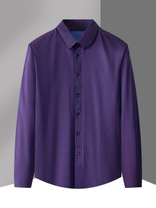 Spring and Autumn Men Long Sleeves Shirt Pure Cotton Brushed Purple Business Casual Clothing for Middle-Aged Dad Loose Plus Size Tops