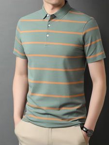 Summer New Pure Cotton 100% Polo Shirt Casual Business Short Sleeve Striped Mens Top Fashionable Urban Style Standard Fit
