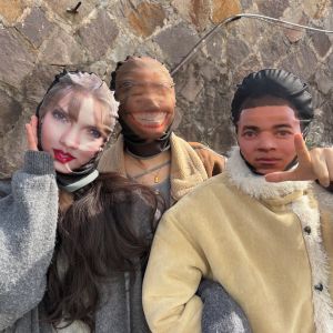 [Cutewomen2020] ชุดหมวกตลกหน้ากากจำลองใบหน้า3D คนดังชุดหมวกผ้าตาข่ายสีดำตลกตกแต่งงานปาร์ตี้