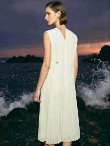 AMII | Casual Beaded Tie Waist Ribbon Wrinkled Sleeveless Dress