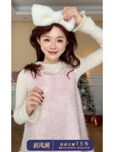 Pink Furry Wool Vest Dress Sleeveless Glowing Winter High Waist Asymmetrical Hem Regular Sleeve round Neck Zipper Casual Dress