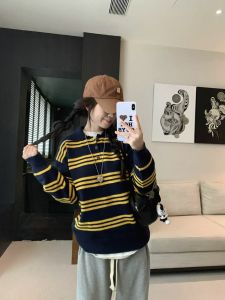 Áo Len Dệt Kim Dài Tay Cổ Bẻ Kẻ Sọc Phong Cách Mỹ Cổ Điển Rộng Rãi Cho Nữ Mùa Thu 2025 Áo Khoác Ngoài Thường Ngày Bằng Vải Mềm