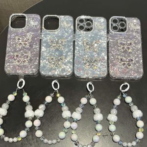 เลนส์เพชรแบบมีในตัว3D เคสโทรศัพท์ IMD รูปผีเสื้อเพชรพร้อมสร้อยข้อมือสำหรับ iPhone 11 12 13 14 15 16ซีรี่ส์