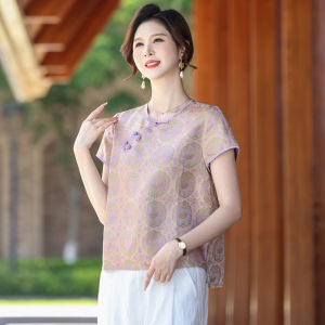 OUSHILU | Heterochromatic Lace Chinese Style Mandarin Collar Short Younger Look T-Shirt Silk