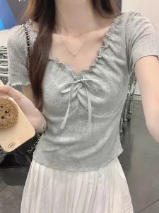 Gray Lace Trim Short Sleeve V-Neck T-Shirt Womens Ballet Style Summer Design Slimming Top Sweet And Spicy Small Shirt