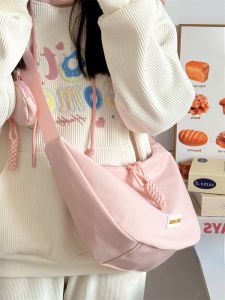 OUDENGPAI | กระเป๋าผ้าใบทรงขนมจีนสำหรับผู้หญิง กระเป๋าสะพายข้างแบบลำลอง ความจุขนาดใหญ่ ปิดด้วยซิป กระเป๋าผ้าใบสำหรับฤดูร้อน