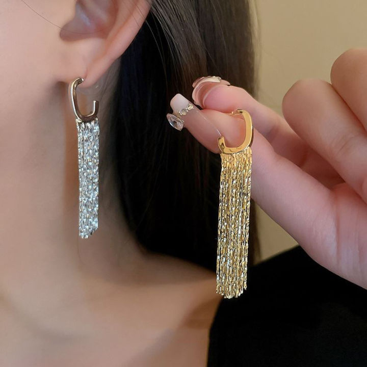 Fashion Gold Color Long Metal Chain Bling Tassel Earrings for Women ...
