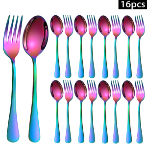 16-Piece Color Stainless Steel Tableware Set Spoon Fork Set rainbow Coating Mirror Polishing Suitable for 8 People.